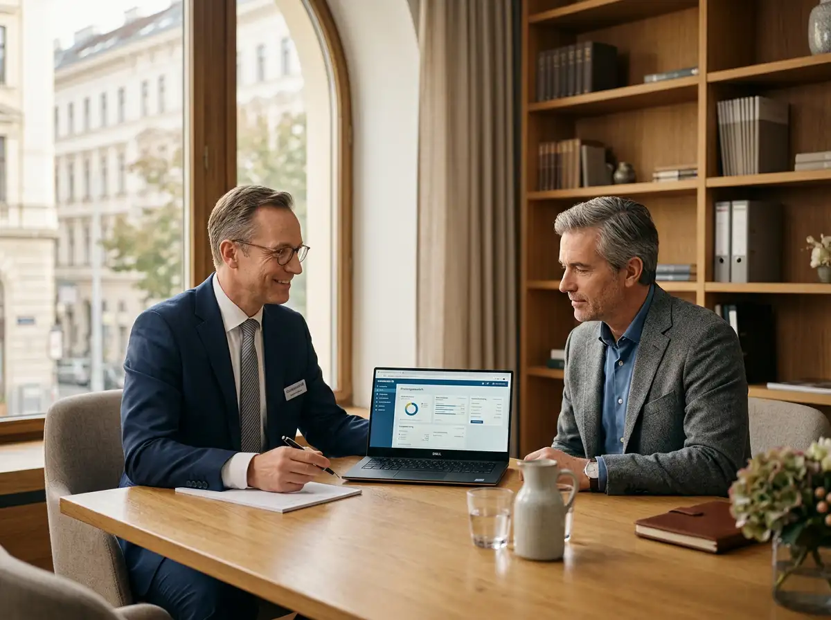 Filialberater im Gespräch mit einem Kunden zur Erhöhung des eps-Tageslimits in einer österreichischen Bank