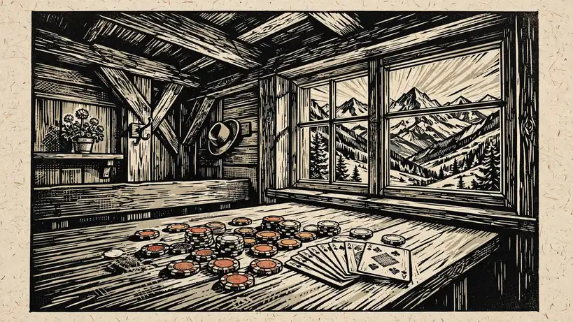 Traditionelles österreichisches Stube-Interieur mit Spielchips und Karten auf Holztisch, Alpenblick durch das Fenster