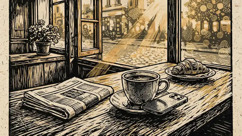 Helles Wiener Café mit Smartphone, Kaffee und Zeitung am Fenstertisch