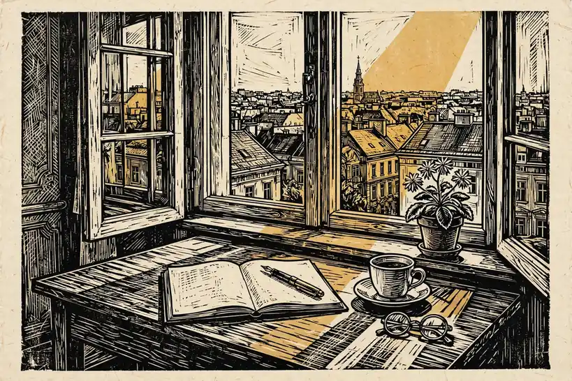 Hölzerner Schreibtisch am Fenster einer Wiener Altbauwohnung mit Notizbuch, Füllfederhalter und Kaffeetasse