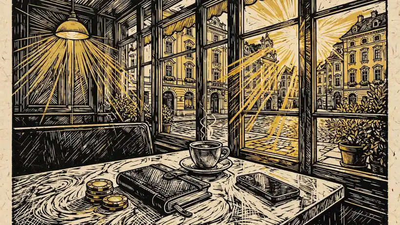 Wiener Café mit Poketischspielmarken, zugeklapptem Handy und Barockfassade draußen.