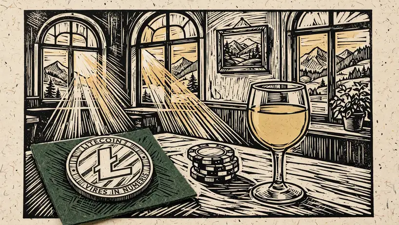 Silberne Litecoin-Münze mit Casino-Chips und österreichischem Weißwein in Wiener Kaffeehaus