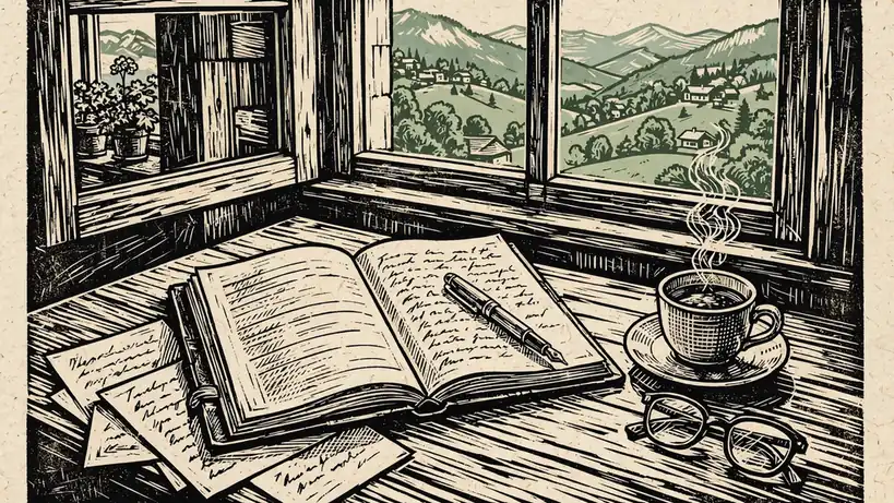 Schreibtisch mit aufgeschlagenem Notizbuch, Füllfeder, Kaffee und Lesebrille bei Tageslicht.