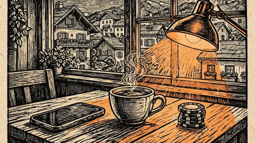 Smartphone neben Kaffeetasse und Spielchips auf einem Tisch in einem österreichischen Café