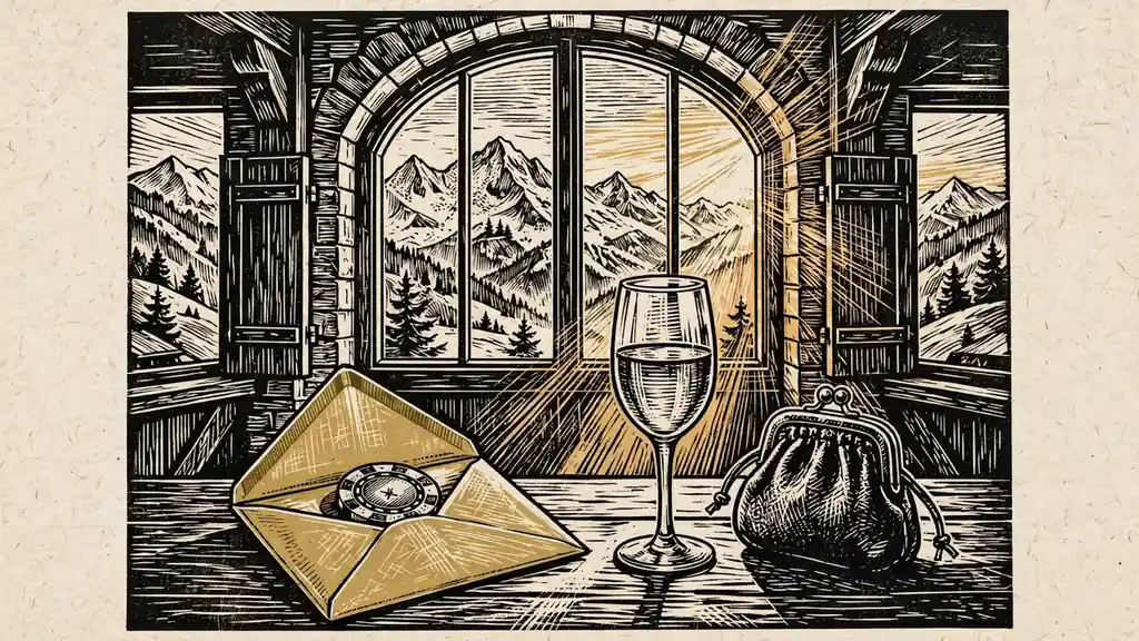 Goldener Umschlag mit Casino-Chip, österreichischem Wein und Alpenblick
