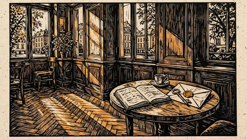 Wiener Kaffeehaus mit Notizbuch und altem Schlüssel.