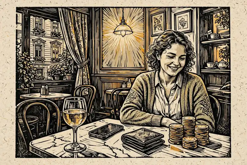 Junge Frau in Wiener Café mit Casino-Chips und Smartphone