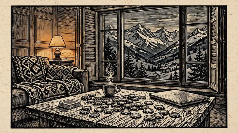 Gemütliches österreichisches Wohnzimmer mit Spielchips, Karten und Alpenblick durch das Fenster