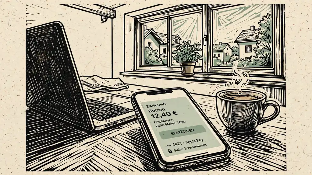 Smartphone mit Zahlungs-App auf Holztisch in österreichischem Wohnzimmer