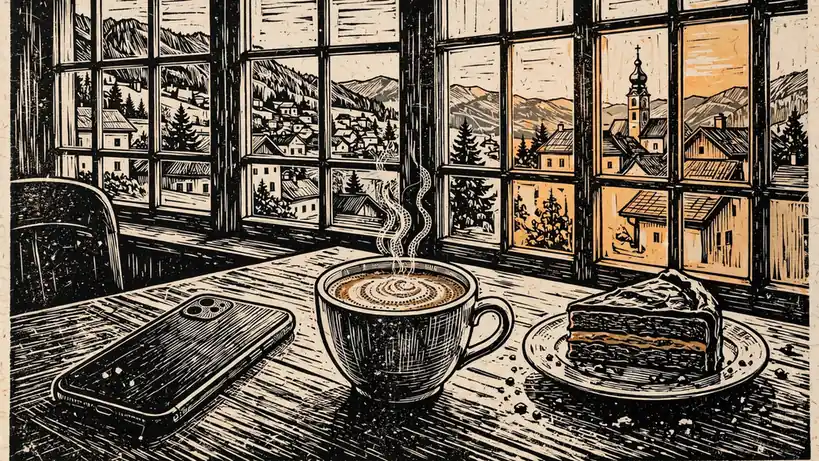 Smartphone auf Wiener Kaffeetisch mit Sachertorte und Alpenblick durchs Fenster