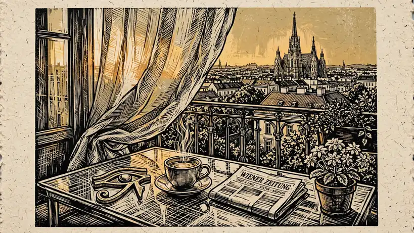 Balkon in Wien mit Eye of Horus Amulett und Melange auf dem Tisch