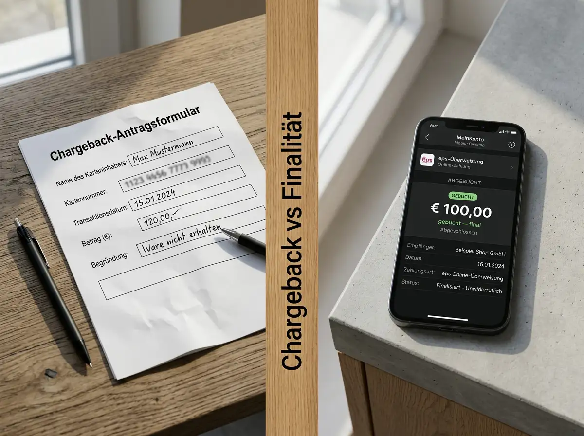 Vergleich eines Chargeback-Antragsformulars einer Kreditkarte mit einer finalen eps-Buchung in einer Banking-App
