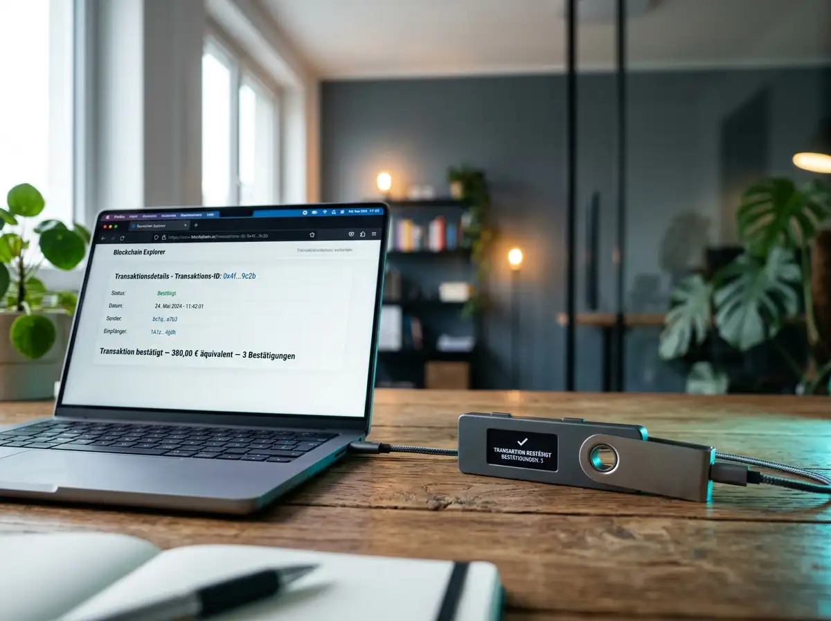 Hardware-Wallet und Laptop-Bildschirm mit Blockchain-Transaktionsbestätigung als Beispiel für eine Krypto-Auszahlung aus einem Online-Casino