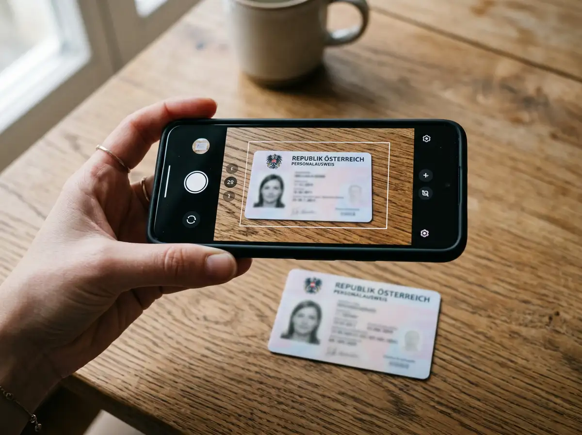Smartphone-Kamera über einem Reisepass auf einer Tischplatte beim Dokumenten-Upload für die Casino-Verifizierung
