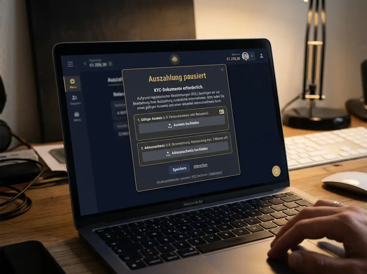 EU-Casino-Auszahlungs-Dialog mit Aufforderung zur KYC-Dokumentenprüfung vor der ersten Geldbewegung