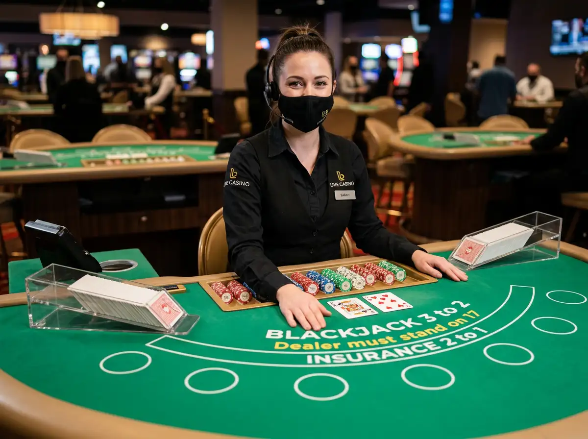 Live-Blackjack-Dealer am Studio-Tisch mit Kartenschlitten und ausgeteilten Karten vor der Kamera