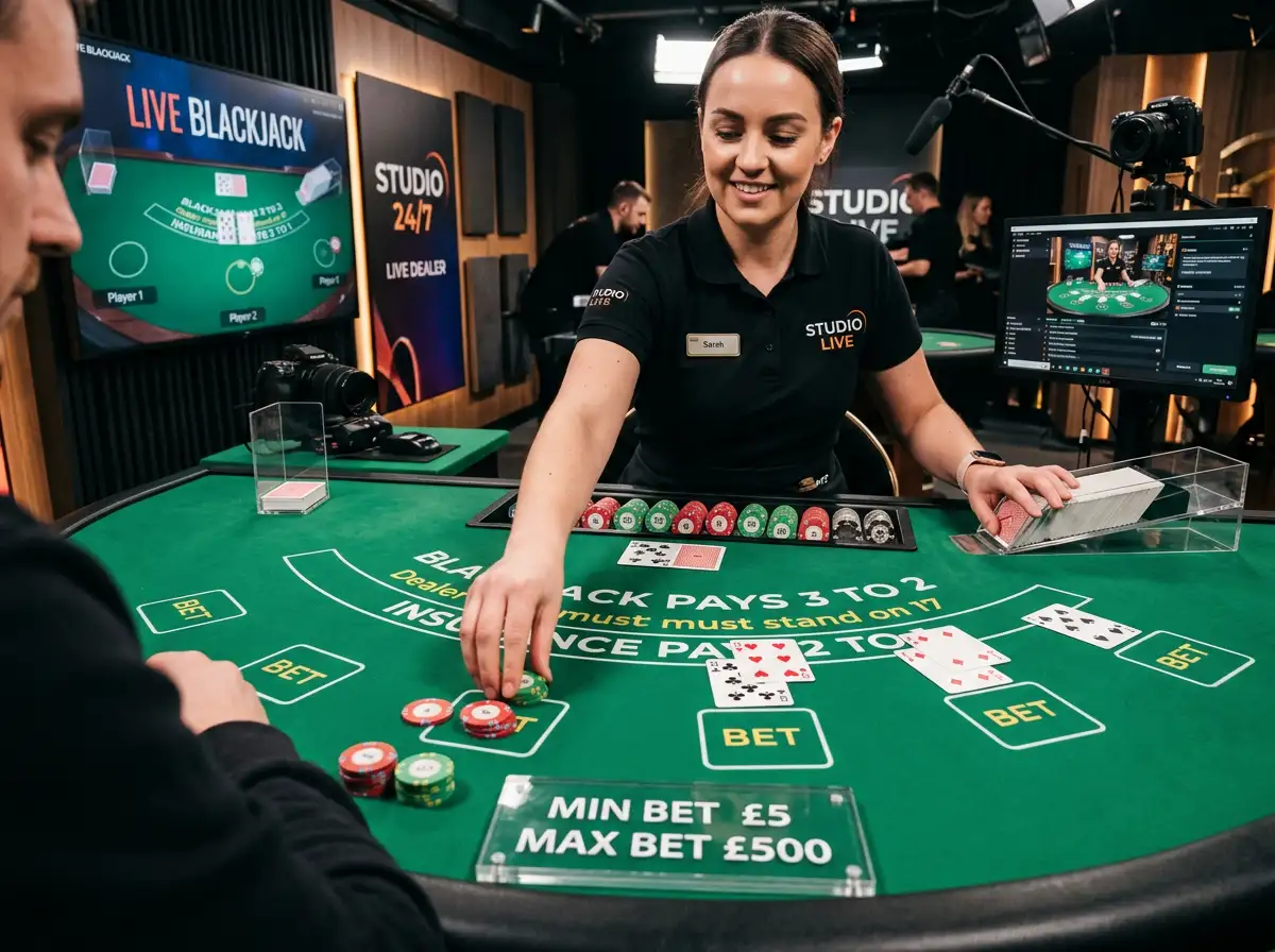 Live-Blackjack-Tisch in einem Streaming-Studio mit deutlich sichtbarem Mindesteinsatz-Etikett am Tischrand
