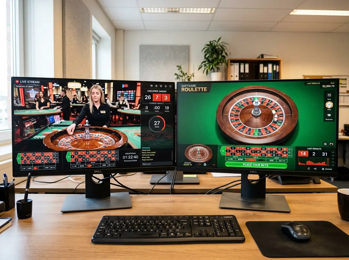 Zwei nebeneinander angeordnete Bildschirme: einer mit Live-Roulette-Stream, einer mit softwarebasiertem Roulette