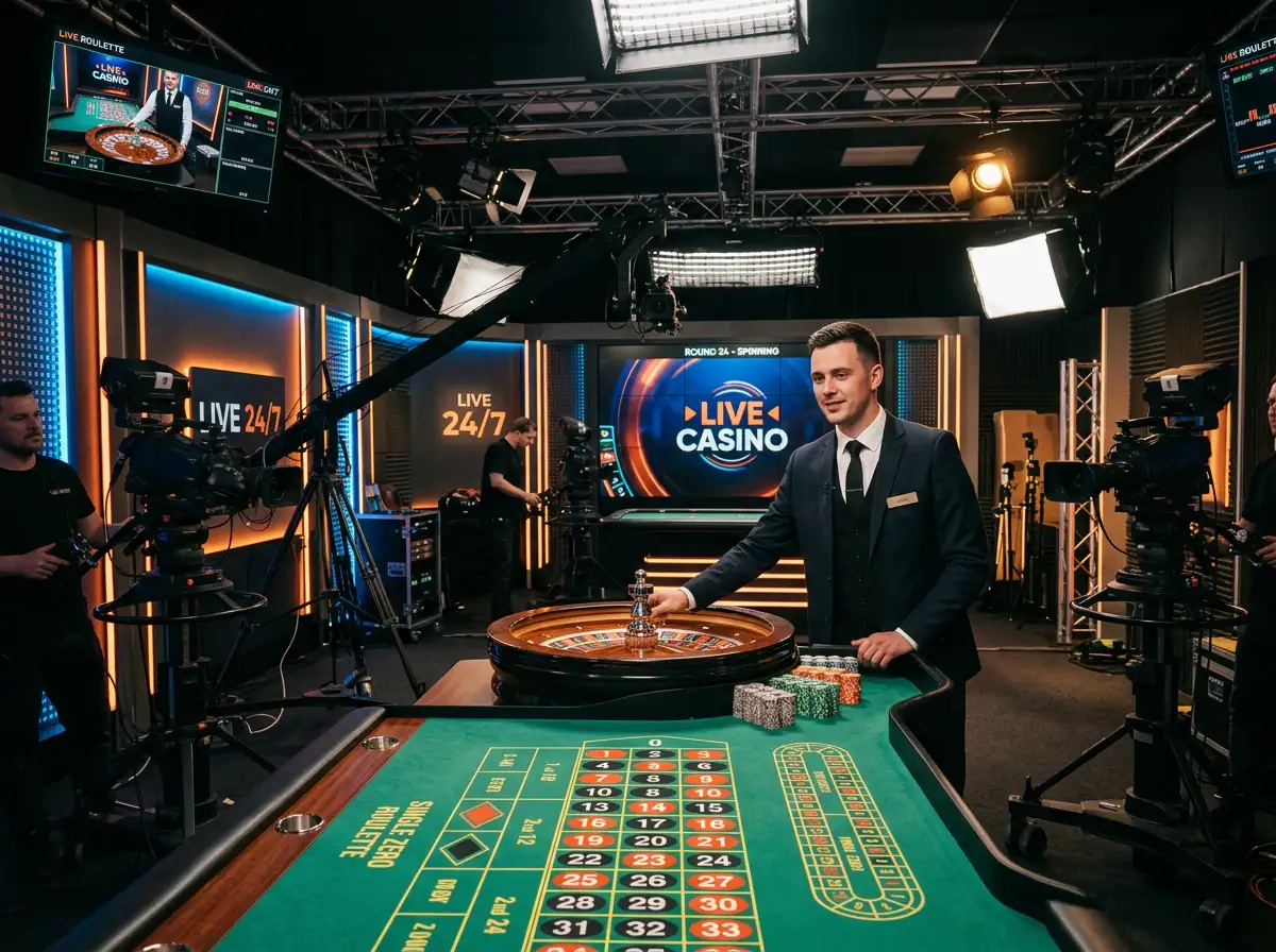 Live-Roulette-Studio mit Croupier am Tisch und mehreren Kameras für den Online-Stream im Hintergrund