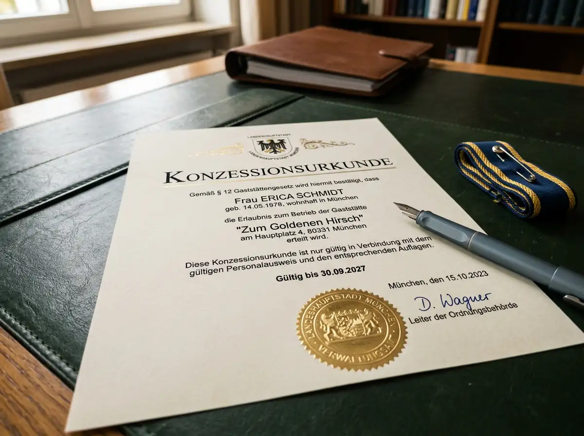 Offizielle Konzessionsurkunde mit erhabenem Siegel und Aktendeckel als Darstellung der österreichischen Online-Glücksspiellizenz mit Ablaufdatum 30.09.2027