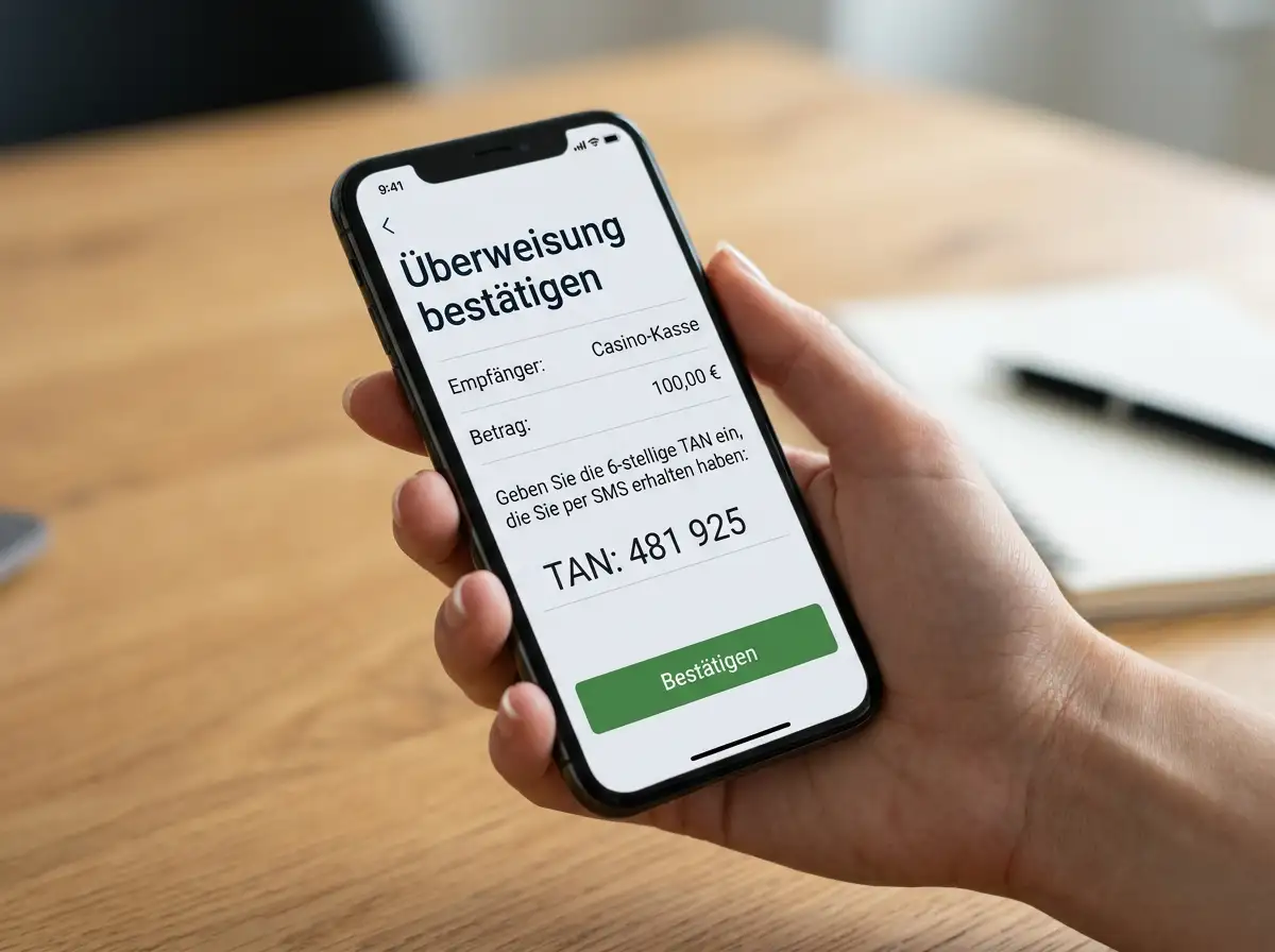 Hand hält Smartphone mit Banking-App-Bestätigungsbildschirm, der Betrag und Empfänger einer eps-Casino-Überweisung deutlich anzeigt
