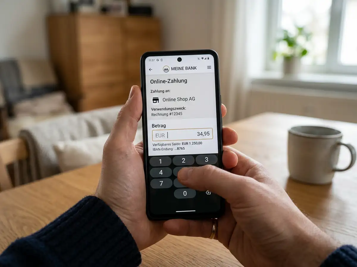 Smartphone mit Banking-App und sichtbarem Einzahlungsfeld für einen kleinen eps-Betrag im Casino-Kontext