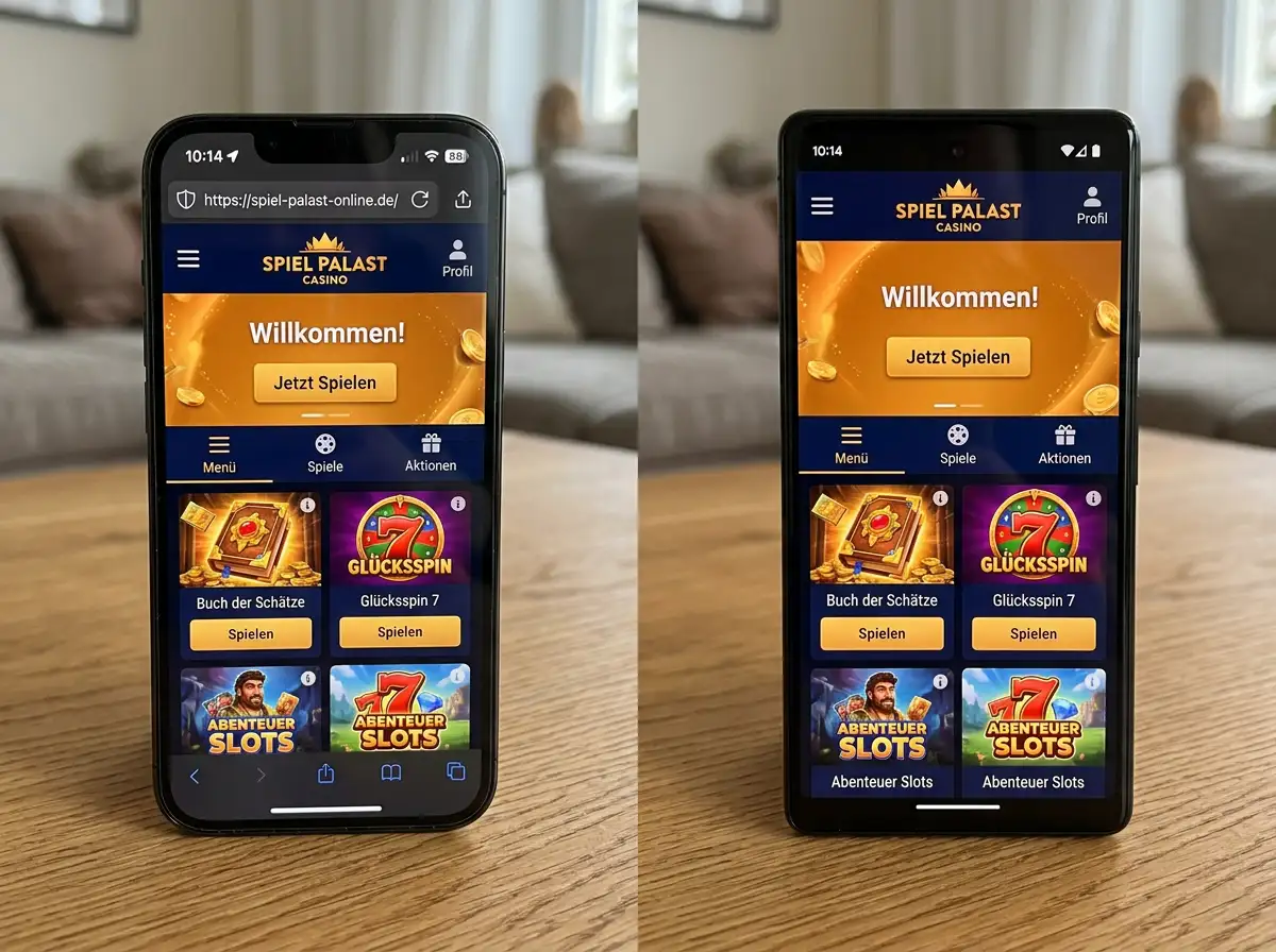 Mobile Casino-Webseite in einem Browser-Fenster im direkten Vergleich zu einer nativen Casino-App