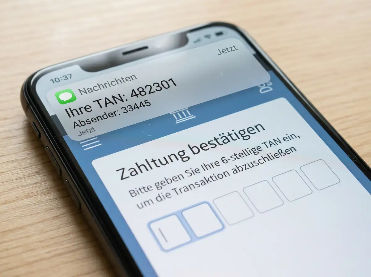Smartphone zeigt eine eingehende SMS-TAN-Nachricht, die der Spieler in das eps-Banking-Webformular eingibt