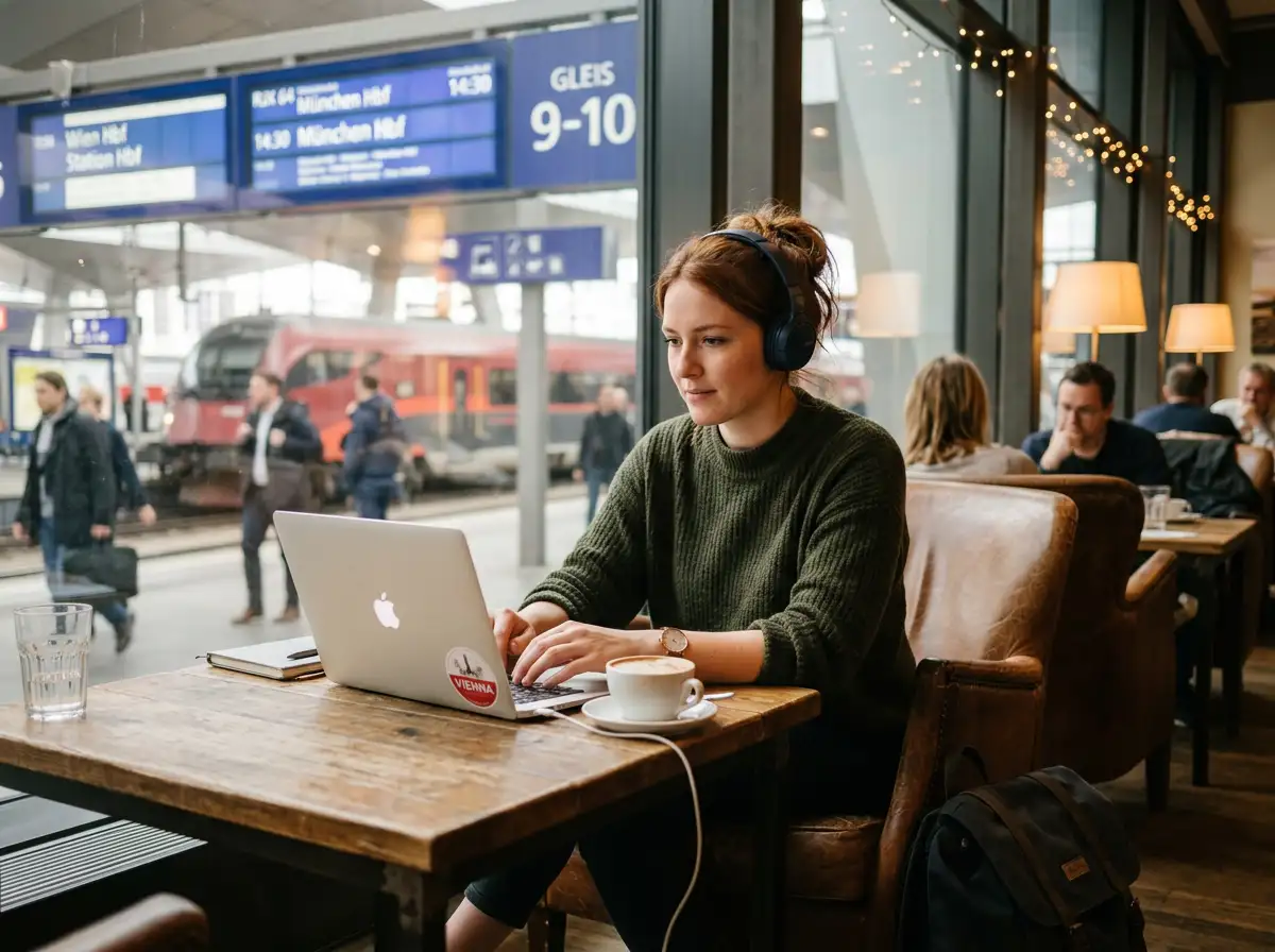 Person mit Laptop in einer Bahnhof-Lounge, im Hintergrund ein Schild mit Stadtbezeichnungen München und Wien