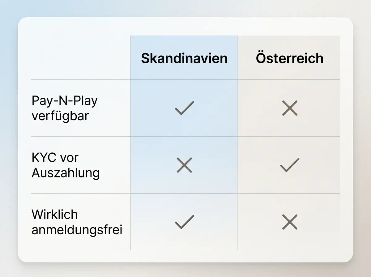 Vergleich des skandinavischen Pay-N-Play mit der österreichischen Casino-Realität in einem nüchternen Übersichts-Diagramm