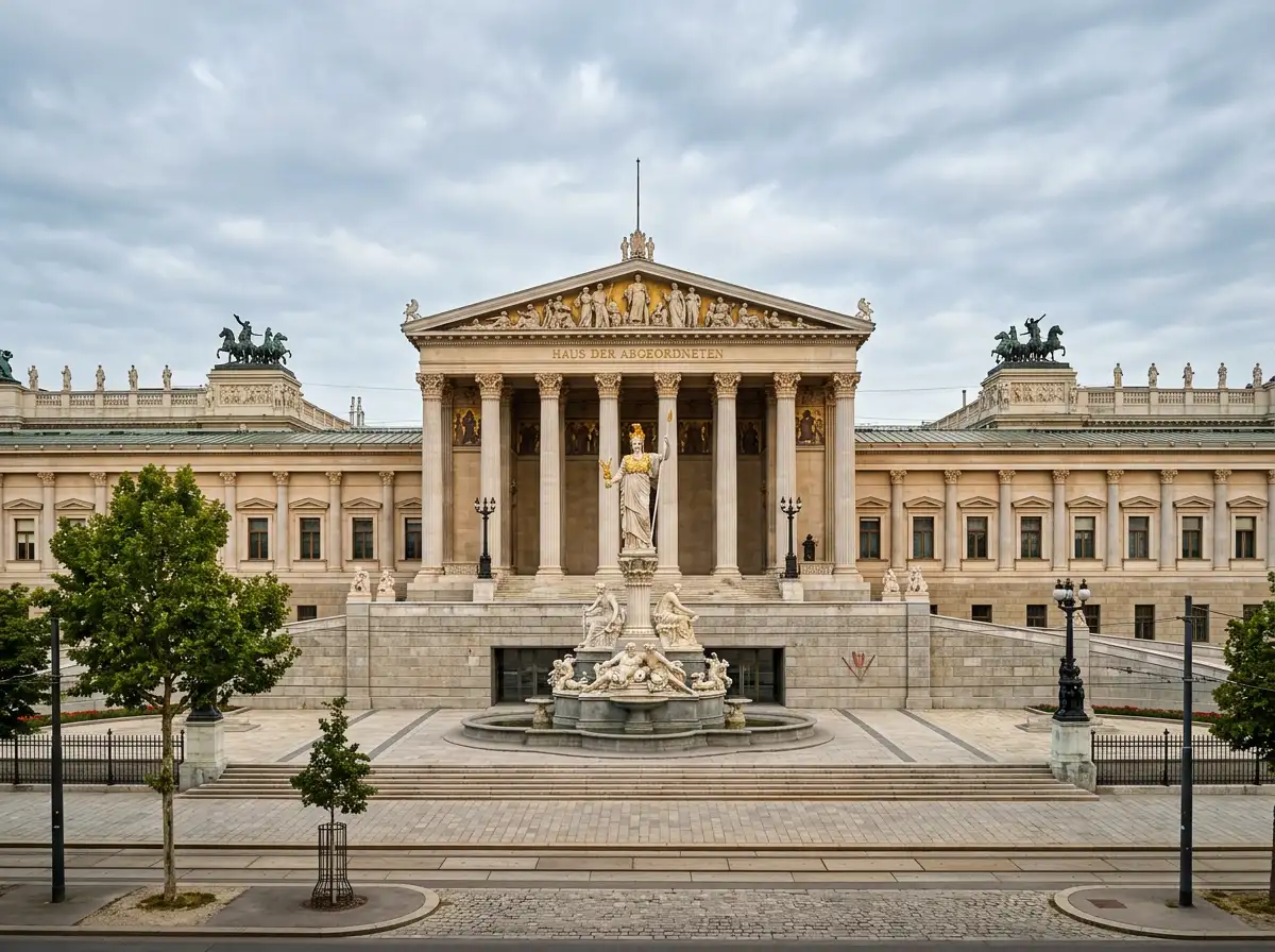 Außenansicht des historischen österreichischen Parlamentsgebäudes in Wien an der Ringstraße als Sitz der gesetzgebenden Gewalt für das Glücksspielgesetz