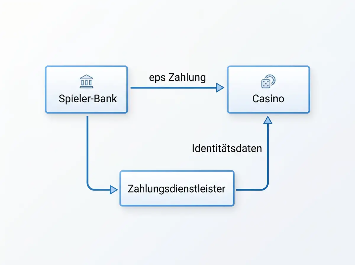 Schema des Pay-N-Play-Prinzips mit Datenrückführung von der Bank an das Casino bei der ersten eps-Zahlung