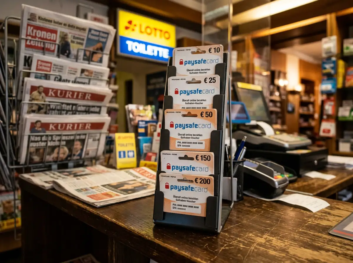 Paysafecard-Prepaid-Gutscheine in einer österreichischen Trafik mit verschiedenen Stückelungen von zehn bis hundertfünfzig