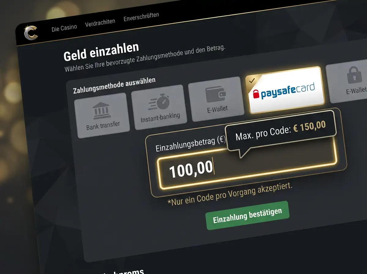 Übersicht der Paysafecard-Höchst-Stückelung von hundert bis hundertfünfzig in einer Casino-Kasseneingabe