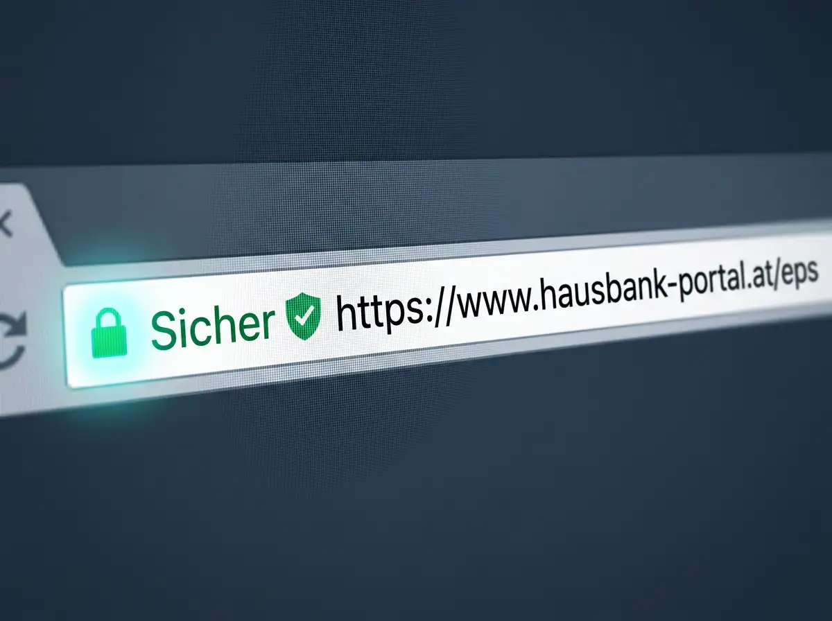 Detailaufnahme einer Browser-Adresszeile mit deutlich erkennbarer Bank-Domain und Schloss-Symbol als grundlegende Phishing-Schutz-Routine vor einer eps-Casino-Einzahlung