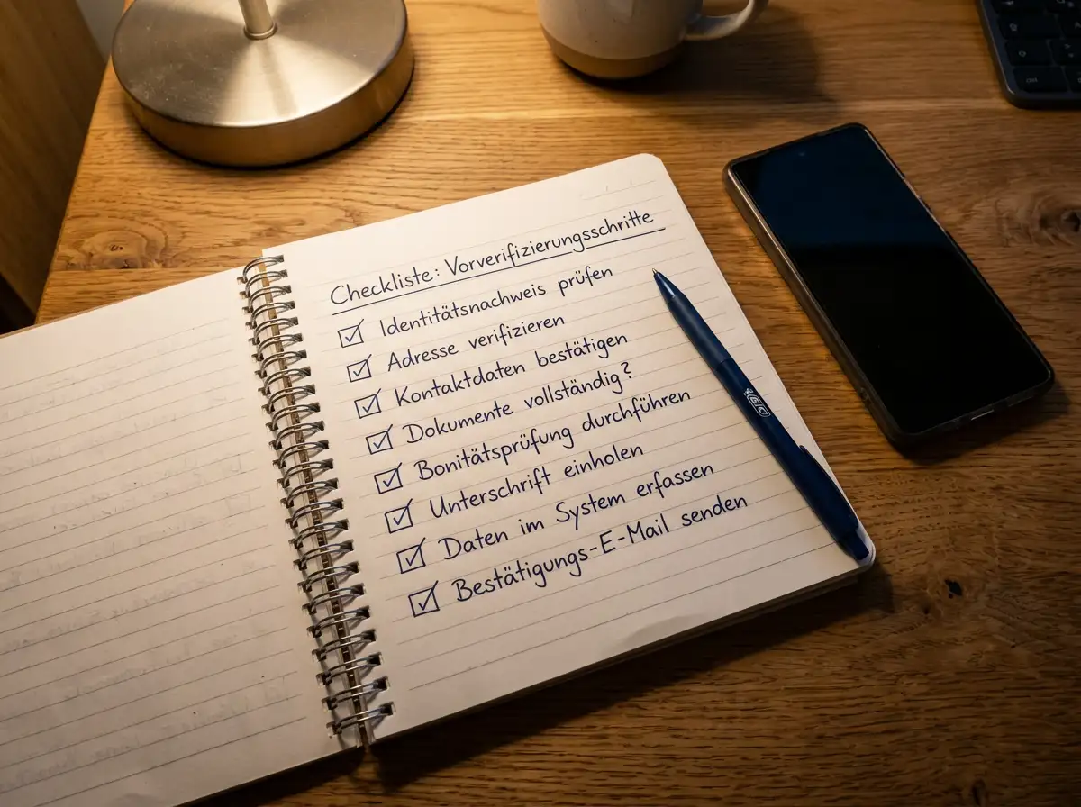 Aufgeschlagenes Notizbuch mit handschriftlicher Checkliste zur Vorabverifikation neben einem Smartphone