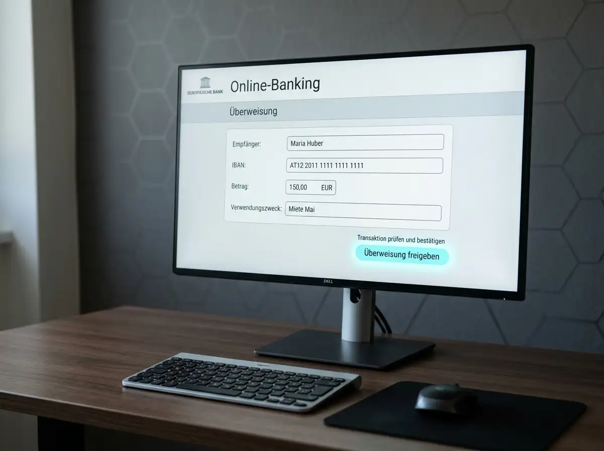Online-Banking-Portal auf einem Bildschirm mit aktiv vom Kontoinhaber ausgelöster Push-Überweisung als visuelle Darstellung der eps-Logik gegenüber einer Pull-Lastschrift
