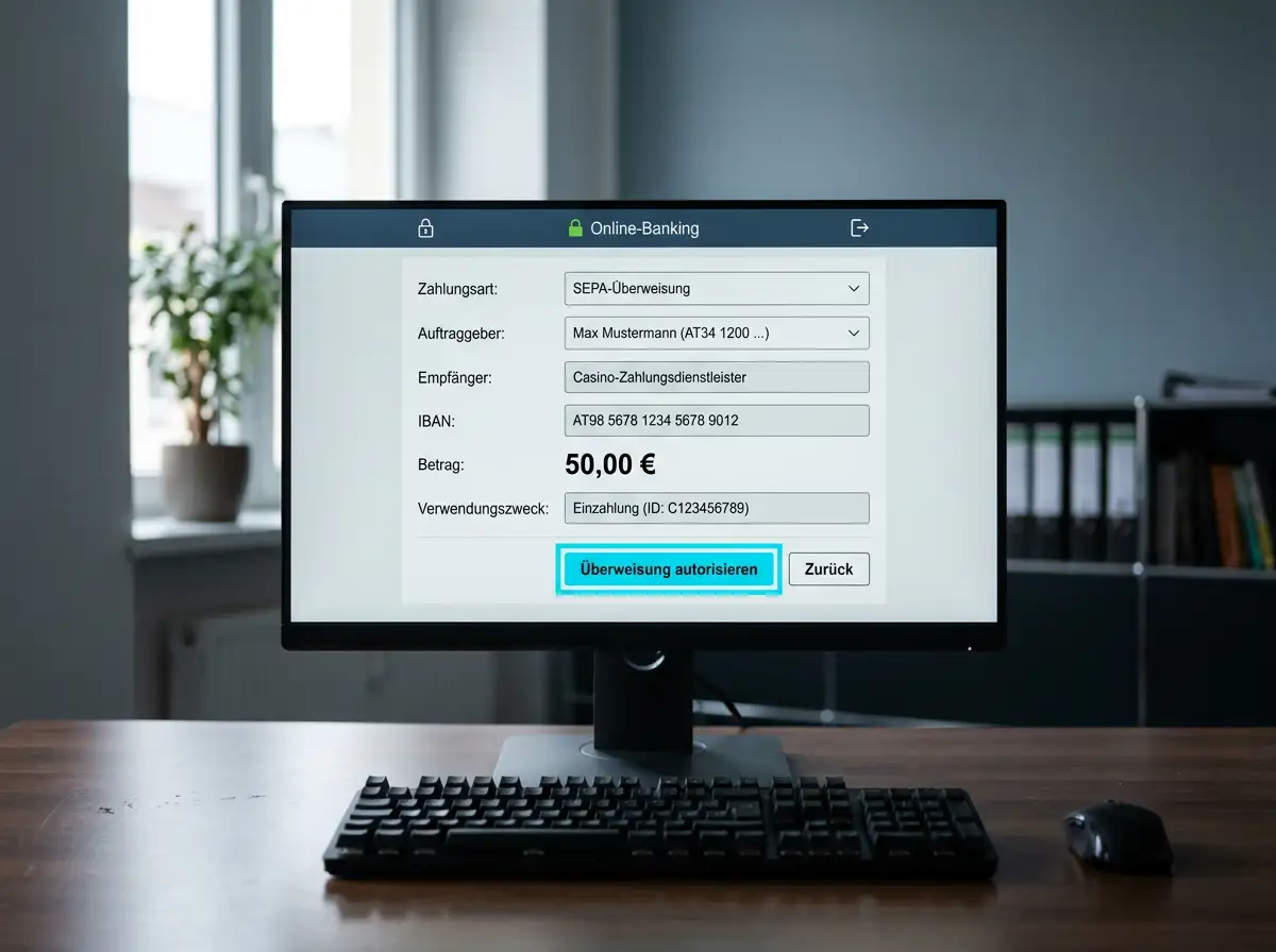 Online-Banking-Portal mit vorausgefüllter Überweisung nach dem Casino-Redirect als Beispiel für den vom Kontoinhaber initiierten Push-Payment-Vorgang von eps