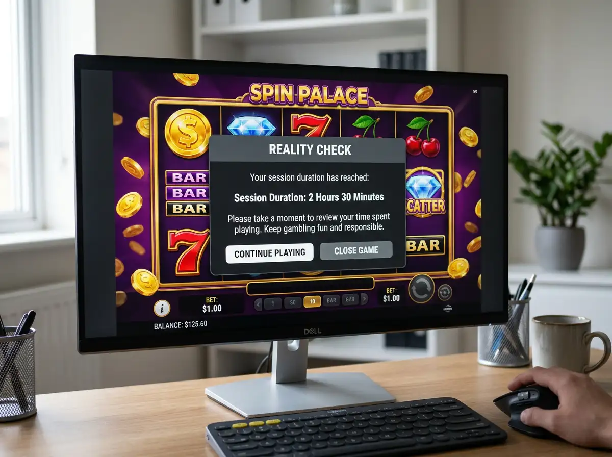 Casino-Spielbildschirm mit aktivem Reality-Check-Pop-up und Anzeige der laufenden Sitzungsdauer