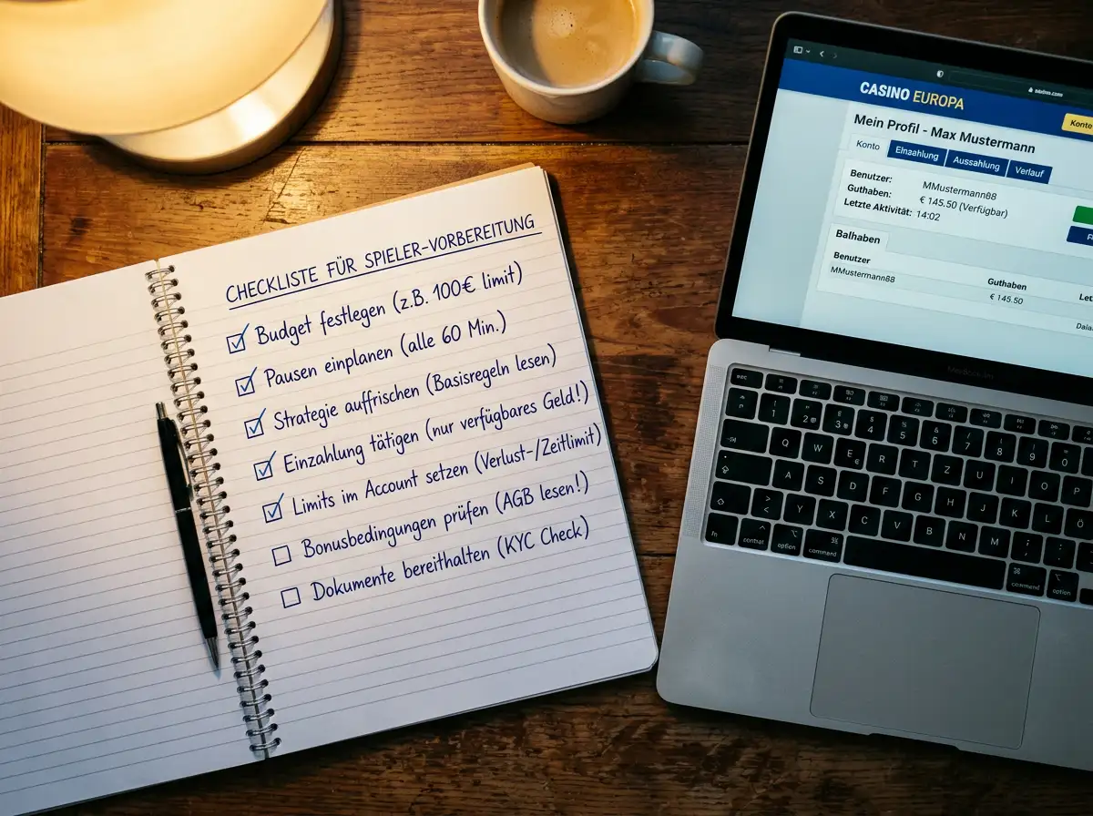 Notizbuch mit handschriftlich notierten Vorbereitungsschritten für eps-Spieler neben einem Laptop mit Casino-Profil