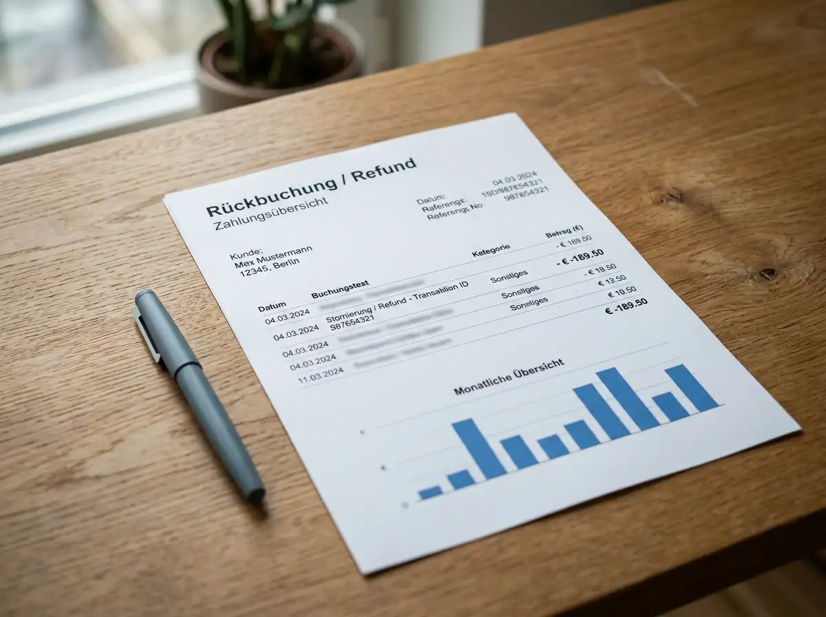 Dokument mit Refund-Vermerk und Euro-Zeichen auf einem Schreibtisch als symbolische Visualisierung einer Kreditkarten-Rückbuchung nach einer Casino-Transaktion