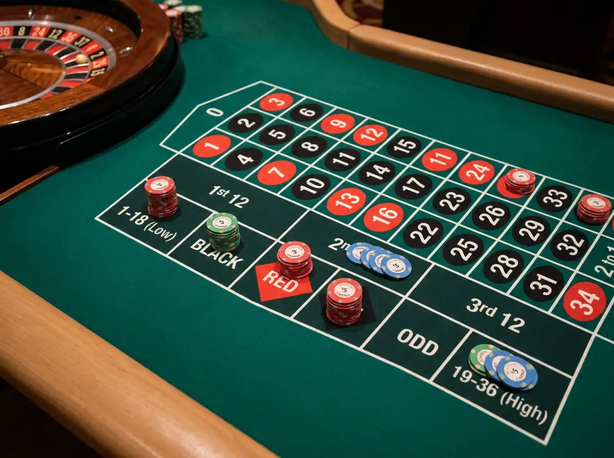 Roulette-Tisch mit gleichmäßig verteilten Jetons auf mehreren Setzfeldern in einer flachen Einsatzstruktur