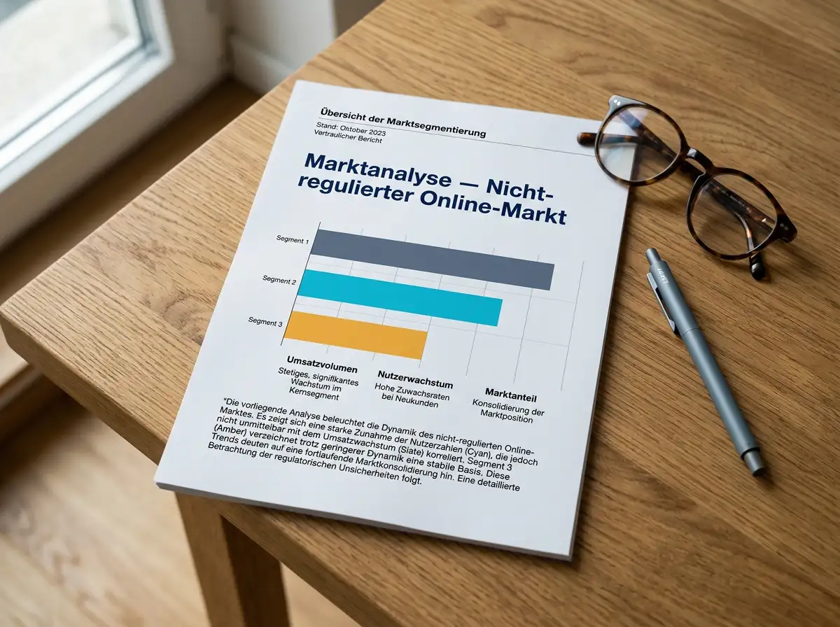 Analysebericht mit Marktanteil-Diagramm zum nicht-regulierten Online-Glücksspielmarkt auf einem Schreibtisch als Visualisierung der Studienlage
