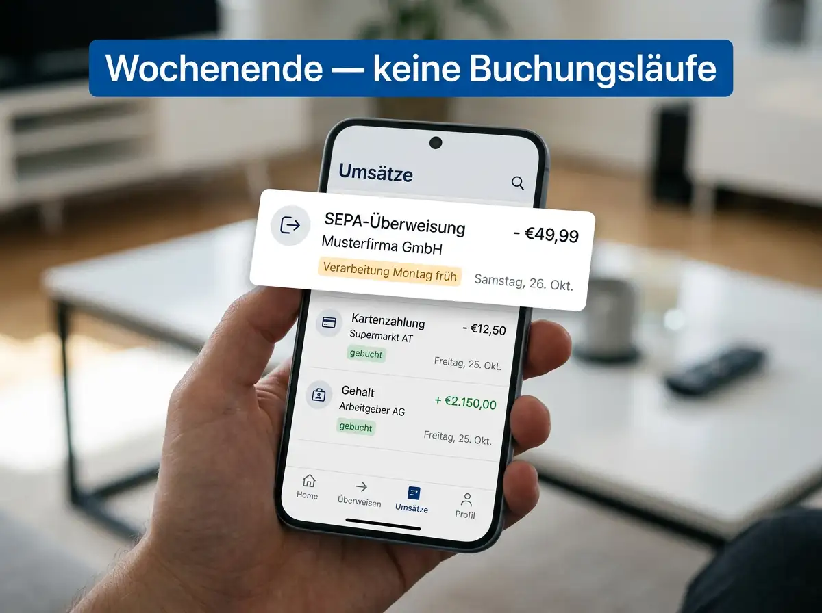 Banking-App-Übersicht mit ausstehender SEPA-Buchung über das Wochenende und Hinweis auf Verarbeitung am Montag