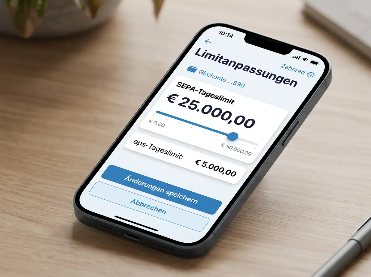 Bankkonto-Übersicht mit erhöhten SEPA-Tageslimits für High-Roller-Konstellationen im VIP-Bereich