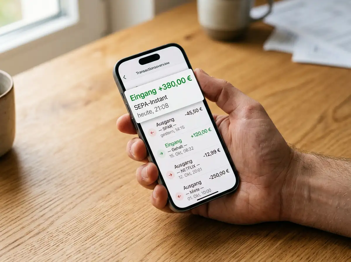Banking-App auf dem Smartphone mit eingehender SEPA-Echtzeit-Gutschrift einer Casino-Auszahlung auf das österreichische Bankkonto