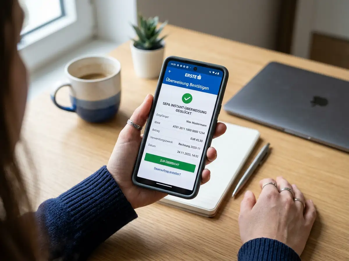 Smartphone mit Banking-App und Bestätigungsbildschirm einer SEPA-Echtzeitüberweisung
