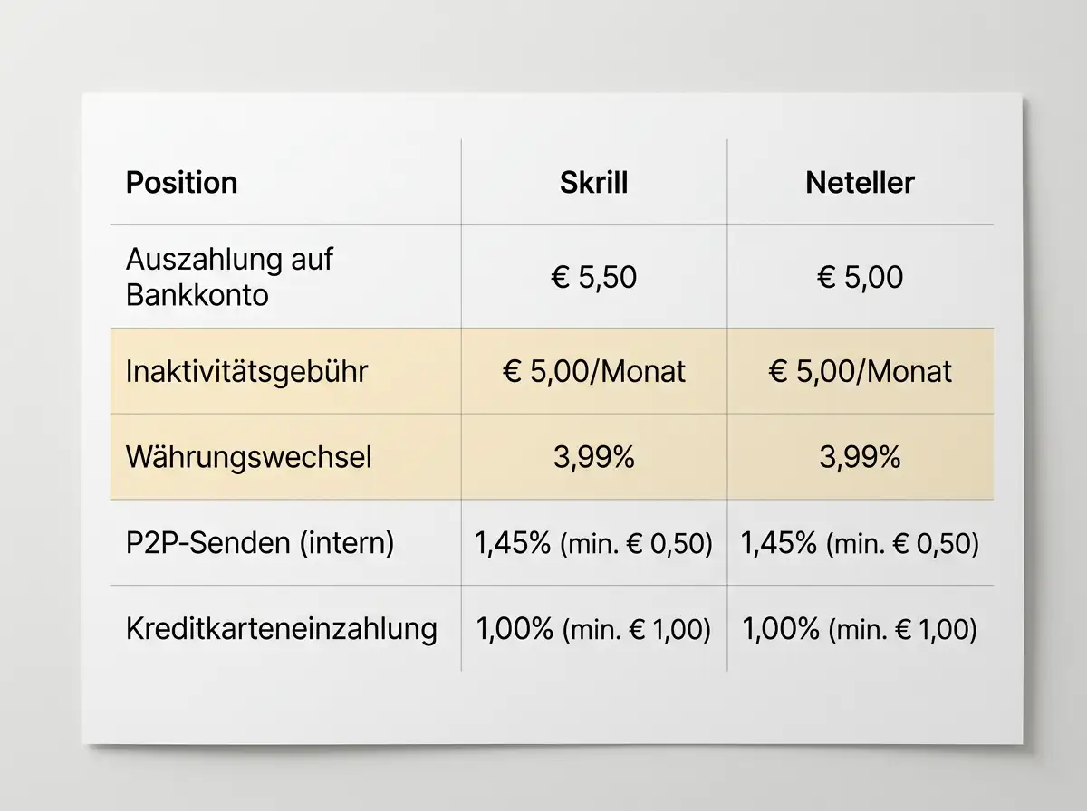 Übersicht der Skrill- und Neteller-Gebührenstruktur mit Auszahlungs- und Inaktivitätspositionen