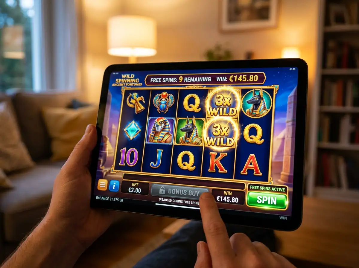 Tablet zeigt einen Slot mit deutlich ausgegrauter Bonus-Buy-Schaltfläche während einer Bonusphase
