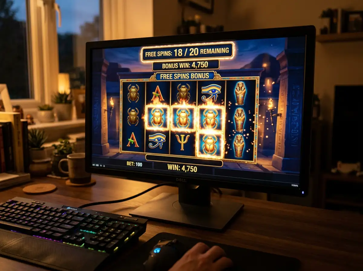 Slot-Bildschirm während einer aktiven Bonusrunde mit hervorgehobenen Walzen und Freispielzähler